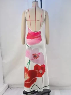Robe longue moulante à imprimé floral pour femme - Robe sirène coupe slim à fines bretelles - Collection été 2026