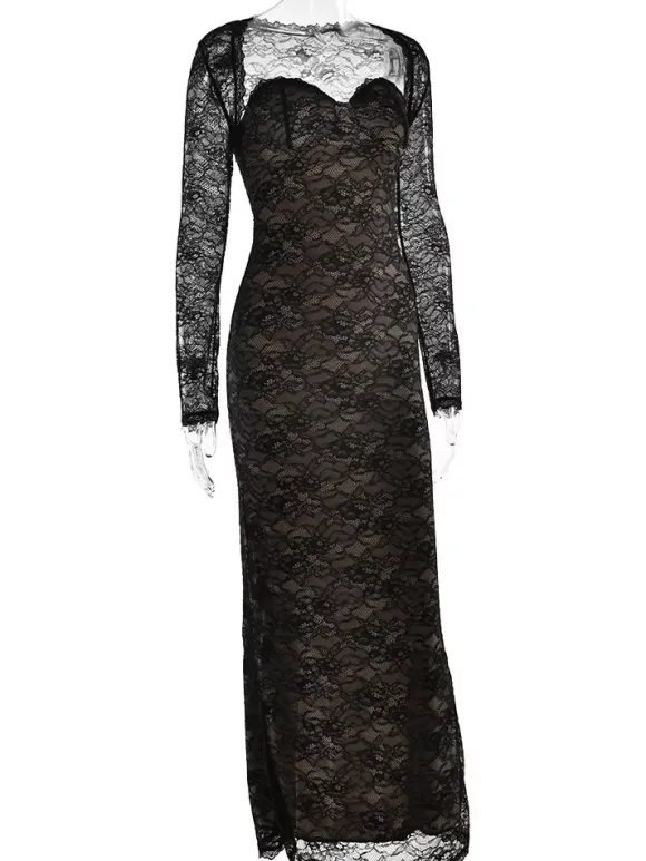 Robe longue moulante élégante en dentelle florale noire avec boléro collection 2026