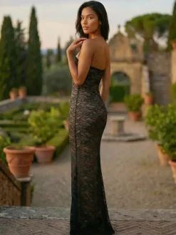 Robe longue moulante élégante en dentelle florale noire avec boléro collection 2026