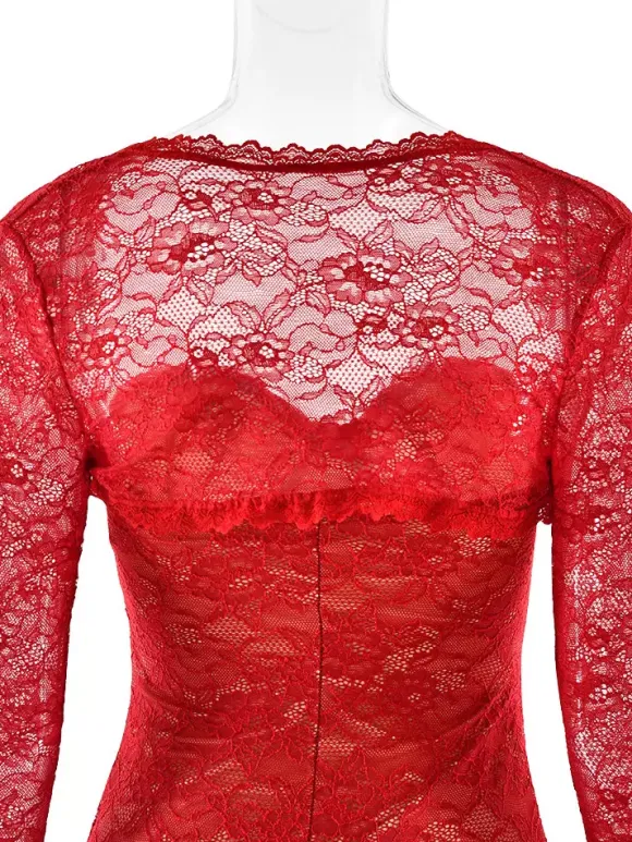 Robe longue moulante élégante en dentelle florale noire avec boléro collection 2026