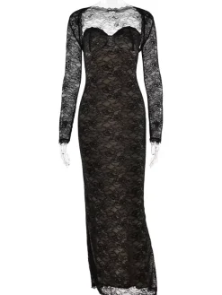 Robe longue moulante élégante en dentelle florale noire avec boléro collection 2026
