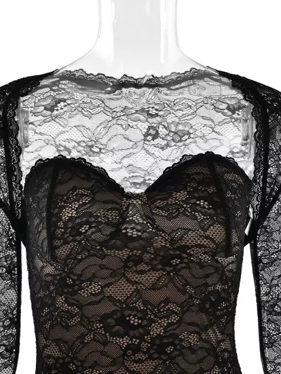 Robe longue moulante élégante en dentelle florale noire avec boléro collection 2026