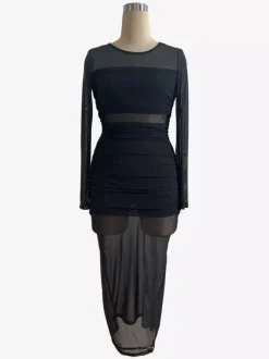 Robe longue moulante à manches longues et empiècements en maille froncée pour femme 2026
