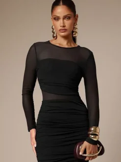 Robe longue moulante à manches longues et empiècements en maille froncée pour femme 2026