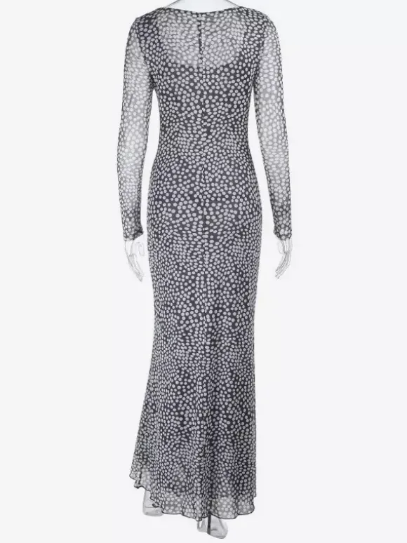 Robe longue moulante à pois en maille pour femme - Col carré rétro manches longues - Chic français idéale pour les vacances de printemps 2026