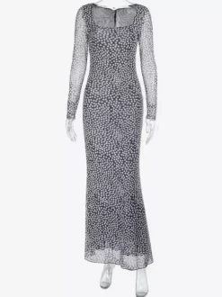 Robe longue moulante à pois en maille pour femme - Col carré rétro manches longues - Chic français idéale pour les vacances de printemps 2026