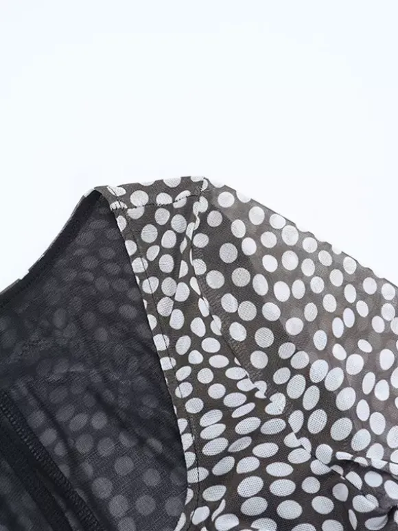 Robe longue moulante à pois en maille pour femme - Col carré rétro manches longues - Chic français idéale pour les vacances de printemps 2026