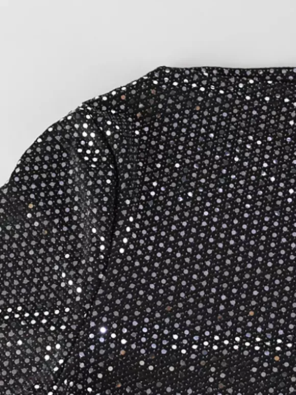 Robe longue moulante à sequins scintillants et froncés pour femme - Robe noire à col bateau et manches longues - Soirée de gala du printemps 2026