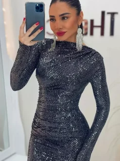 Robe longue moulante à sequins scintillants et froncés pour femme - Robe noire à col bateau et manches longues - Soirée de gala du printemps 2026