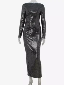 Robe longue moulante à sequins scintillants et froncés pour femme - Robe noire à col bateau et manches longues - Soirée de gala du printemps 2026