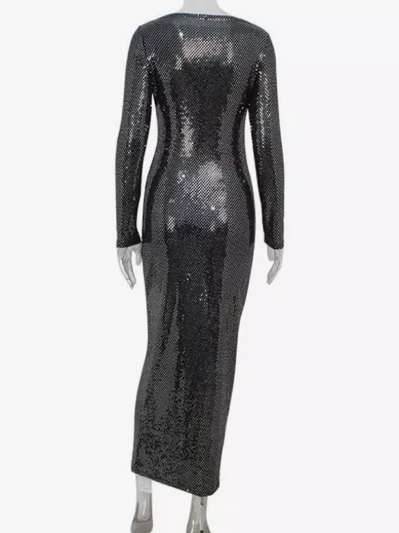 Robe longue moulante à sequins scintillants et froncés pour femme - Robe noire à col bateau et manches longues - Soirée de gala du printemps 2026