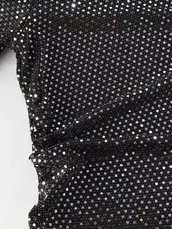 Robe longue moulante à sequins scintillants et froncés pour femme - Robe noire à col bateau et manches longues - Soirée de gala du printemps 2026