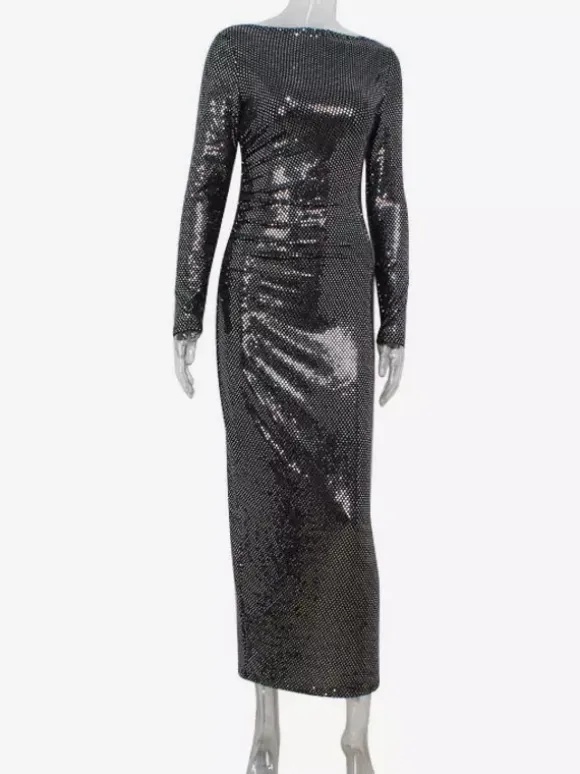 Robe longue moulante à sequins scintillants et froncés pour femme - Robe noire à col bateau et manches longues - Soirée de gala du printemps 2026