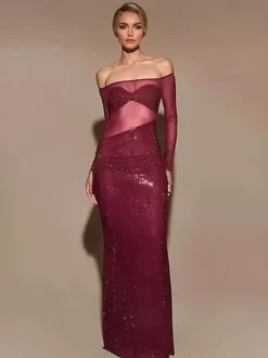 Robe longue moulante transparente avec coupe asymétrique épaules dénudées manches longues robe de club sexy pour femmes 2026