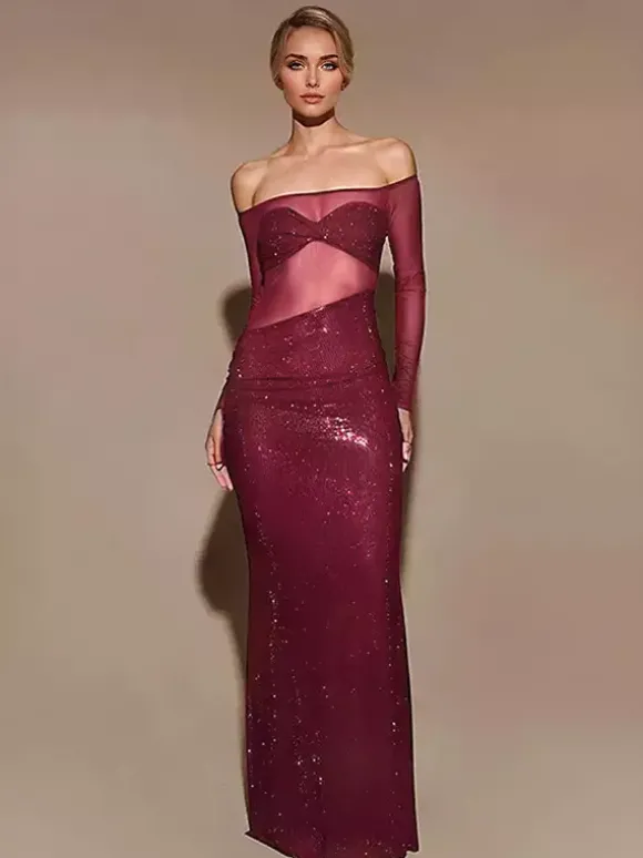 Robe longue moulante transparente avec coupe asymétrique épaules dénudées manches longues robe de club sexy pour femmes 2026