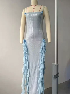Robe longue moulante transparente à sequins bleus avec fente haute à volants 2026