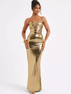 Robe longue métallisée dorée avec dos ouvert robe moulante de soirée à licou pour femme 2026