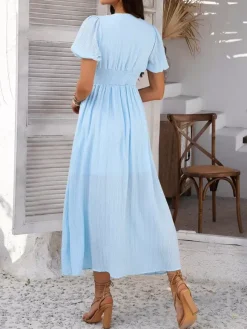 Robe longue noire pour femme dos nu boutons manches courtes col en V taille haute