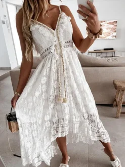 Robe longue nuisette bohème en dentelle pour femme - Robe d'été asymétrique à franges et col en V - Vacances d'été à la plage 2026