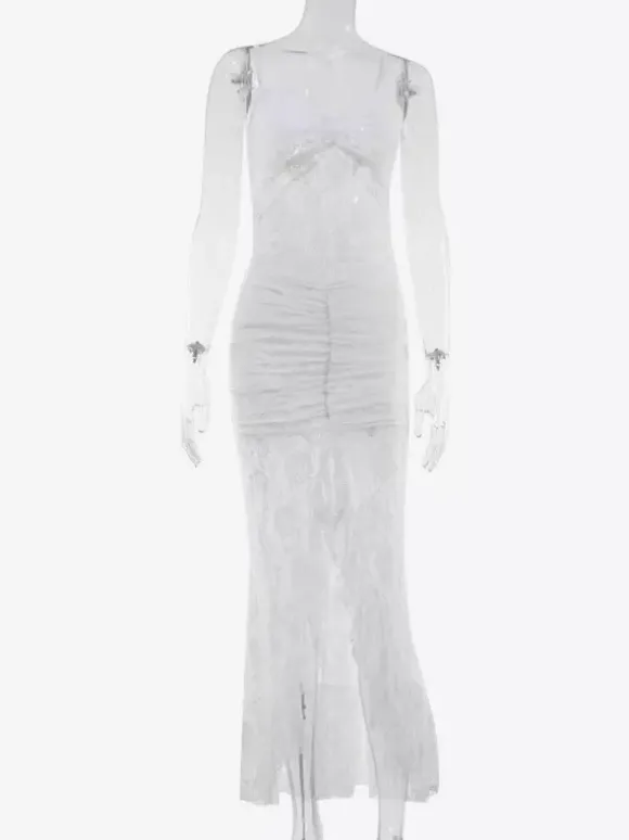 Robe longue nuisette en dentelle transparente à volants pour femme - Robe moulante blanche sexy à ourlet asymétrique et fines bretelles - Soirée de gala d'été 2026