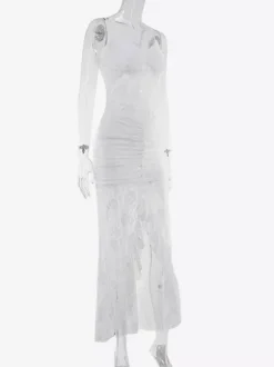 Robe longue nuisette en dentelle transparente à volants pour femme - Robe moulante blanche sexy à ourlet asymétrique et fines bretelles - Soirée de gala d'été 2026