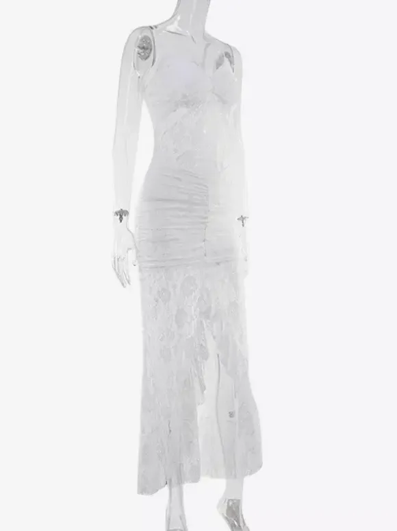 Robe longue nuisette en dentelle transparente à volants pour femme - Robe moulante blanche sexy à ourlet asymétrique et fines bretelles - Soirée de gala d'été 2026