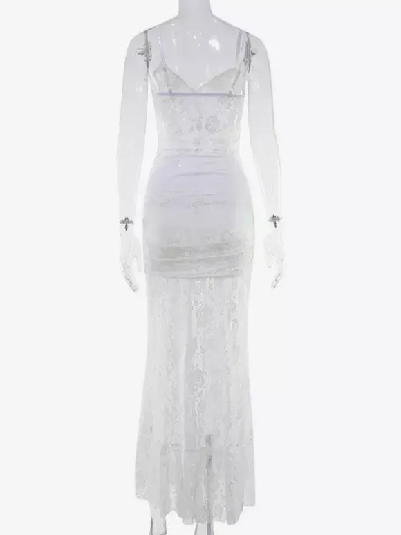 Robe longue nuisette en dentelle transparente à volants pour femme - Robe moulante blanche sexy à ourlet asymétrique et fines bretelles - Soirée de gala d'été 2026