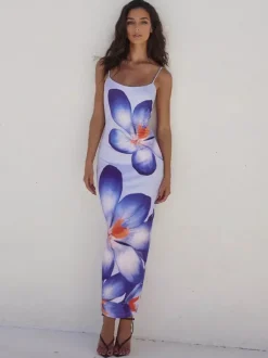 Robe longue nuisette à imprimé floral pour femme - Robe moulante sexy sans manches avec fente au dos - Vacances d'été à la plage 2026