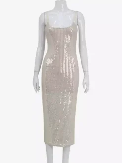 Robe longue nuisette à sequins scintillants pour femme - Robe moulante glamour à fines bretelles - Soirée en boîte de nuit printanière 2026
