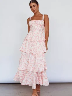 Robe longue nuisette à volants imprimée de fleurs pour femme - Robe d'été bohème à bretelles et à volants - Vacances d'été à la plage 2026