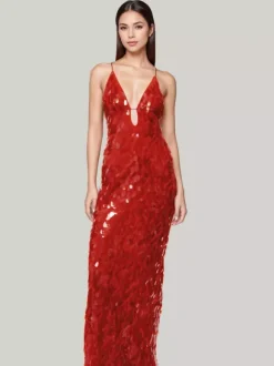 Robe longue à paillettes en rouge décolleté en V profond bretelles spaghetti robe longue de soirée formelle sexy pour femmes 2026