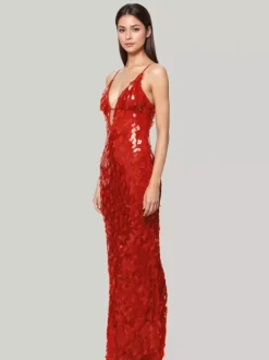 Robe longue à paillettes en rouge décolleté en V profond bretelles spaghetti robe longue de soirée formelle sexy pour femmes 2026