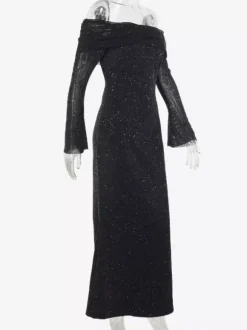 Robe longue à paillettes épaules dénudées pour femme - Robe sirène à manches longues en maille scintillante - Tenues de soirée de gala printanières 2026