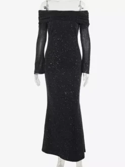 Robe longue à paillettes épaules dénudées pour femme - Robe sirène à manches longues en maille scintillante - Tenues de soirée de gala printanières 2026