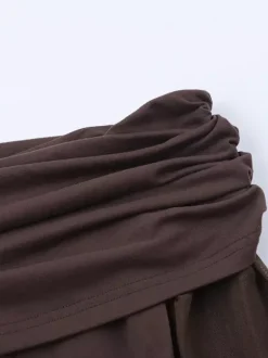Robe longue épaules dénudées pour femme - Marron élégante à manches en résille transparente froncée - Tenue de soirée printemps 2026