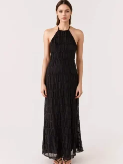 Robe longue plissée dos nu à col halter pour femme - Robe d'été bohème à volants sans manches et froncée dans le dos - Idéale pour la plage - Événement estival 2026