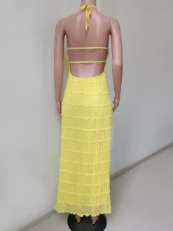 Robe longue plissée dos nu à col halter pour femme - Robe d'été bohème à volants sans manches et froncée dans le dos - Idéale pour la plage - Événement estival 2026