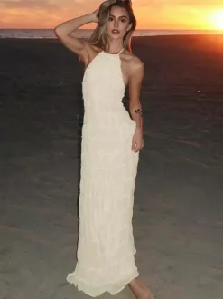 Robe longue plissée dos nu à col halter pour femme - Robe d'été bohème à volants sans manches et froncée dans le dos - Idéale pour la plage - Événement estival 2026