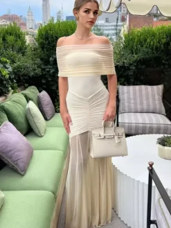 Robe longue plissée à épaules dénudées robe de soirée semi-formelle transparente pour femmes 2026