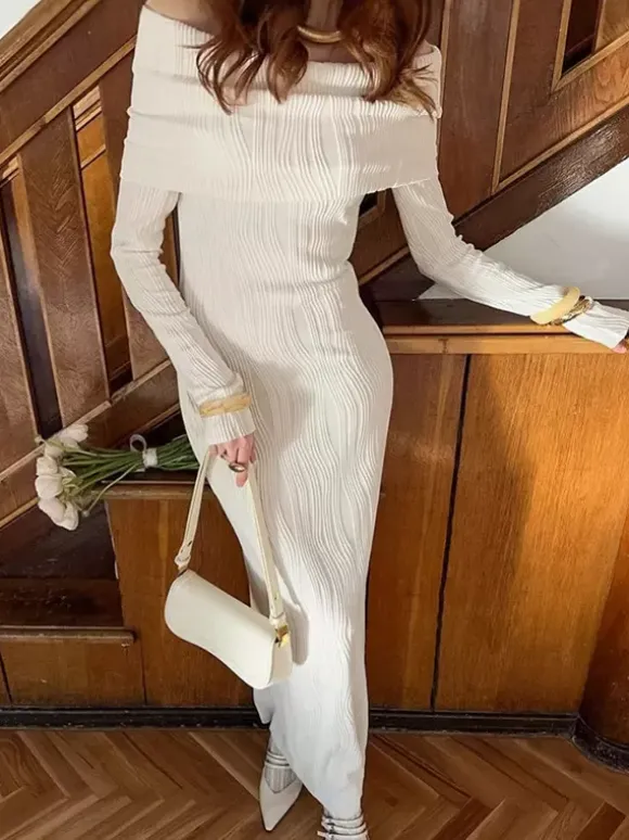 Robe longue plissée à épaules dénudées pour femme - Élégante robe moulante texturée crème - Manches longues - Tenue de soirée 2026