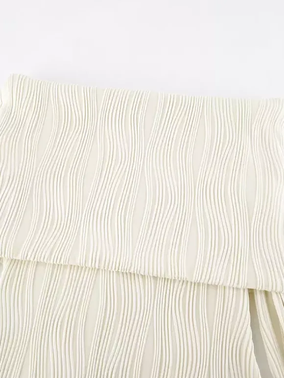Robe longue plissée à épaules dénudées pour femme - Élégante robe moulante texturée crème - Manches longues - Tenue de soirée 2026