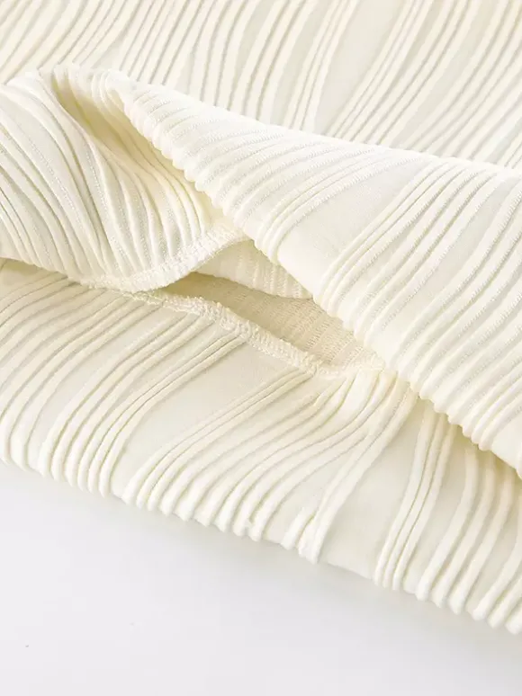 Robe longue plissée à épaules dénudées pour femme - Élégante robe moulante texturée crème - Manches longues - Tenue de soirée 2026