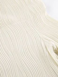 Robe longue plissée à épaules dénudées pour femme - Élégante robe moulante texturée crème - Manches longues - Tenue de soirée 2026