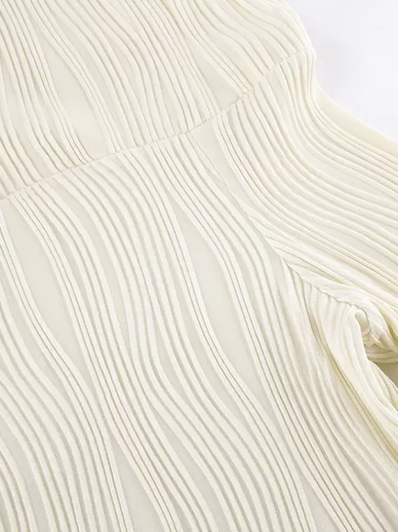 Robe longue plissée à épaules dénudées pour femme - Élégante robe moulante texturée crème - Manches longues - Tenue de soirée 2026
