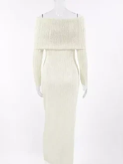 Robe longue plissée à épaules dénudées pour femme - Élégante robe moulante texturée crème - Manches longues - Tenue de soirée 2026