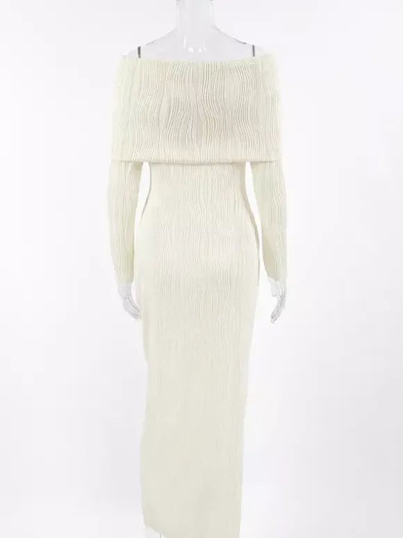 Robe longue plissée à épaules dénudées pour femme - Élégante robe moulante texturée crème - Manches longues - Tenue de soirée 2026