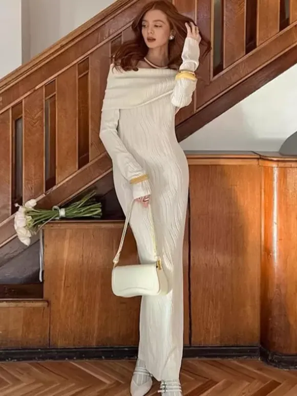 Robe longue plissée à épaules dénudées pour femme - Élégante robe moulante texturée crème - Manches longues - Tenue de soirée 2026