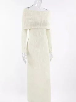 Robe longue plissée à épaules dénudées pour femme - Élégante robe moulante texturée crème - Manches longues - Tenue de soirée 2026