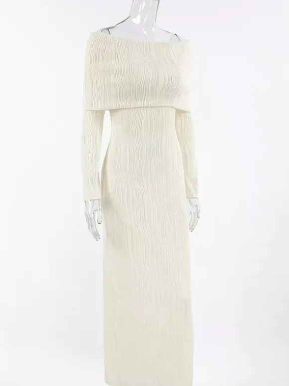 Robe longue plissée à épaules dénudées pour femme - Élégante robe moulante texturée crème - Manches longues - Tenue de soirée 2026