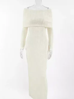 Robe longue plissée à épaules dénudées pour femme - Élégante robe moulante texturée crème - Manches longues - Tenue de soirée 2026